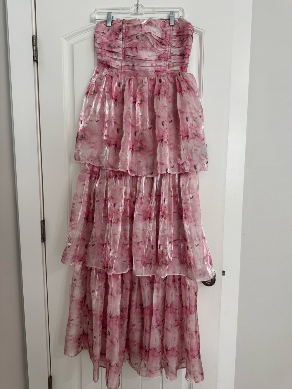 Lulu's Pink Floral Strapless Tiered Maxi Dress